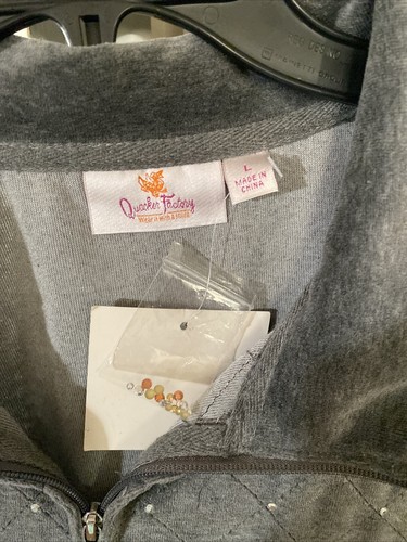 Quacker Factory Velour Zip Front Vest Grey Sz Lg Rhinestones - Picture 2 of 4