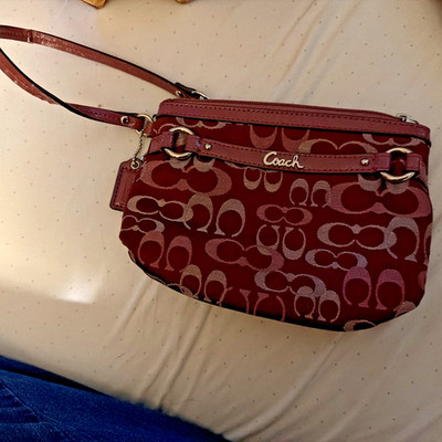 Coach Monogram Canvas Burgundy Pink  Wristlet Zipper Pouch 4x6