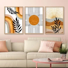 Geometric Sun Desert Plant Wall Art 16"x24" Set Of 3 Boho Wooden Framed Abstr...