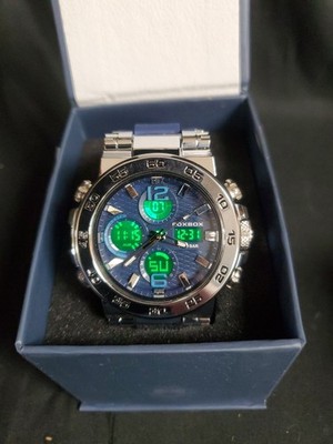 LIGE FOXBOX FB0033 Men's Sport Watch Big Case Silicone Strap Chrome/Blue NEW