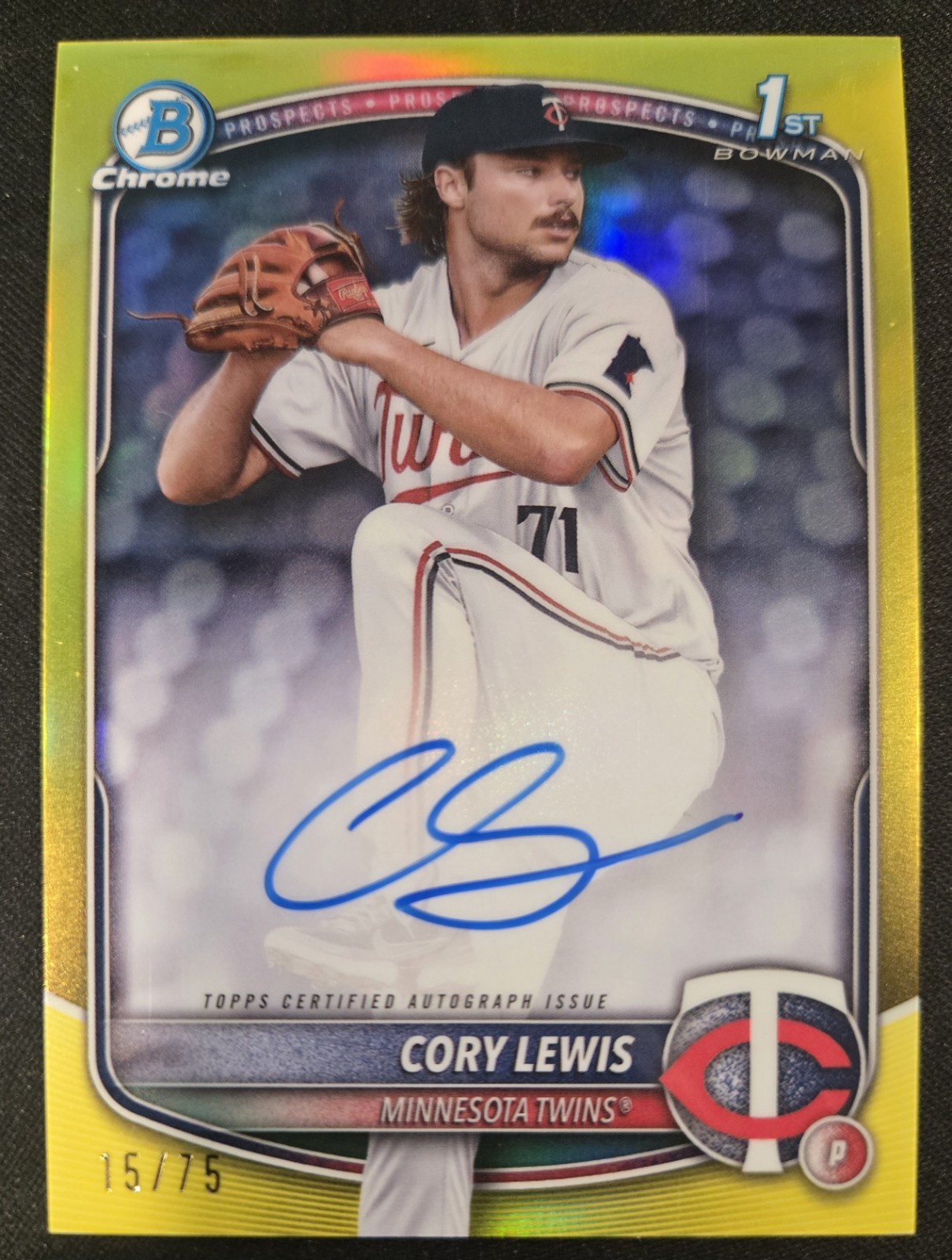 CORY LEWIS 2025 BOWMAN CHROME 1ST YELLOW REFRACTOR AUTO /75 CPA-CLE