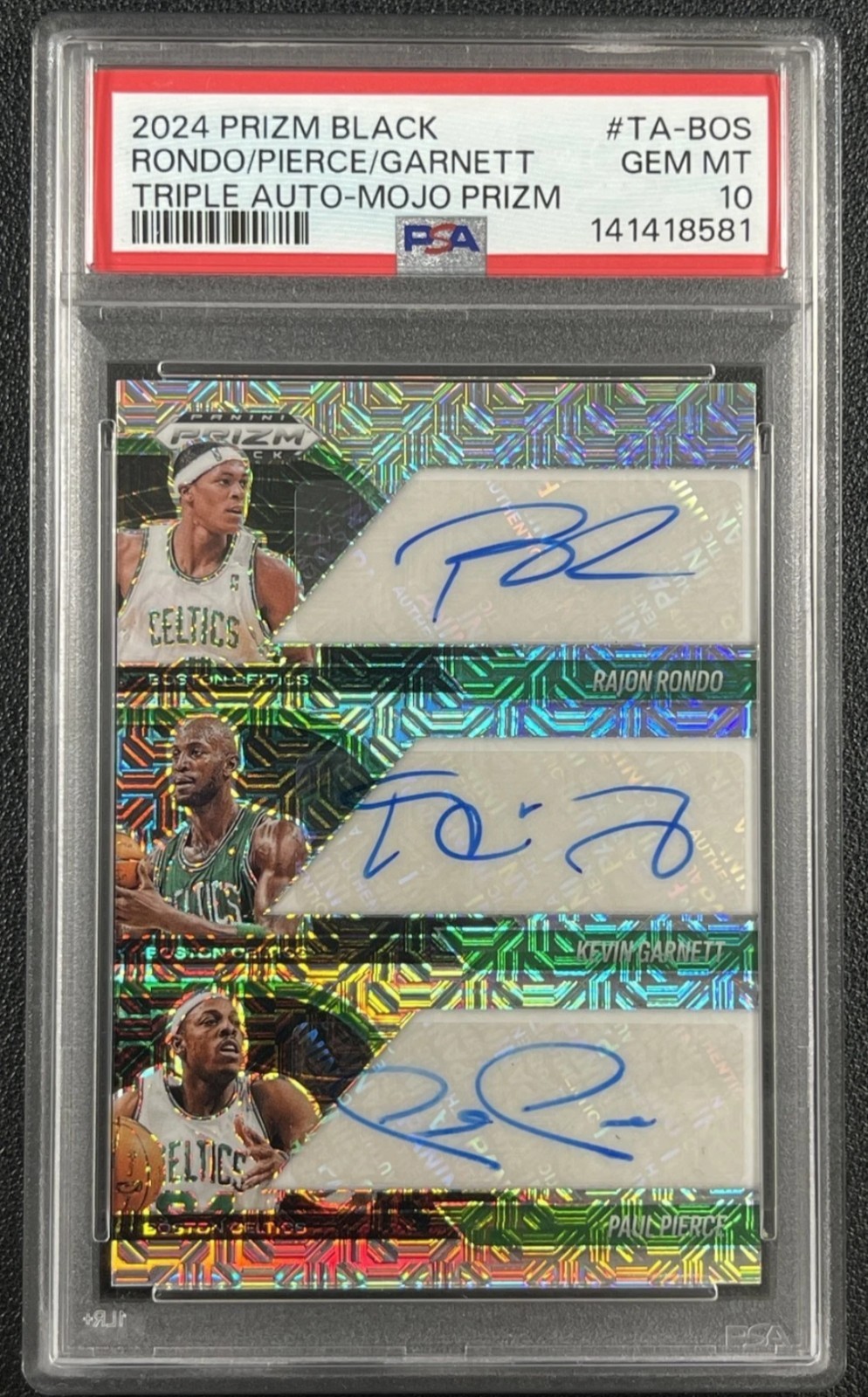 KEVIN GARNETT PAUL PIERCE RAJON RONDO 2024 Prizm Black Triple Auto Mojo /25 PSA view 2