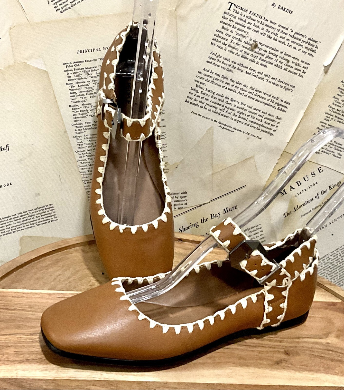 Free People Mystic Mary Jane Buckle Flat Tan Leather ivory Crochet Trim 9 NEW 20890₽