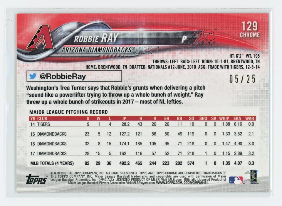 ROBBIE RAY 2018 TOPPS CHROME ORANGE REFRACTOR PARALLEL  5/25  #129  DIAMONDBACKS - Image 2 of 2