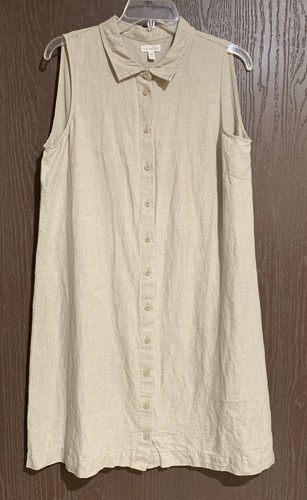 Garnet Hill Shirt Dress Women 12 Tan 100% Linen Button Sleeveless Summer Comfort - Picture 3 of 7
