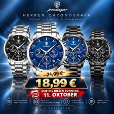 Herren Chronograph Edelstahl Armbanduhr Quarz Business Uhr mit Datum 30M