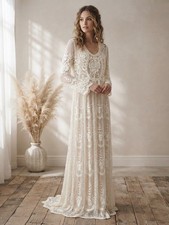 Lace dress with floral embroidery Cottagecore XL Bohemian Silhouette Wedding