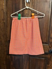 Vintage Orange  White Checkered Mini Skirt Size 9, Retro, Funky, Elastic Waist