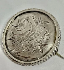 Antique Victorian Aesthetic Movement Bird on Tree Branch White Medal Brooch