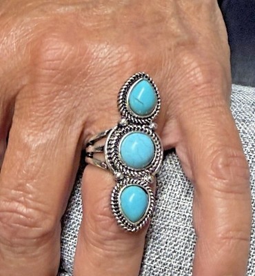 Türkis Ring mit drei Steinen Größe 8 silberfarben Southwestern Boho Statement