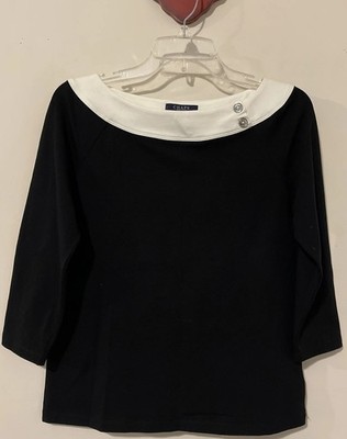 Chaps Womens Medium Black Classy Accented Cotton-Blend 3/4-Sleeve Blouse! A1296r
