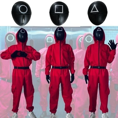 Kid Adult Squid Red Jumpsuit Villain Uniform Mask Halloween Cosplay Costume Game