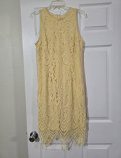 Women's Yellow Floral Lace Sheath Knee Length Dress Sleeveless Lined Zip Size M