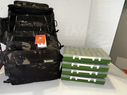 Mochila para aparejos de pesca Rodeel con soportes para caña y 4 cajas para aparejos camuflaje al aire libre