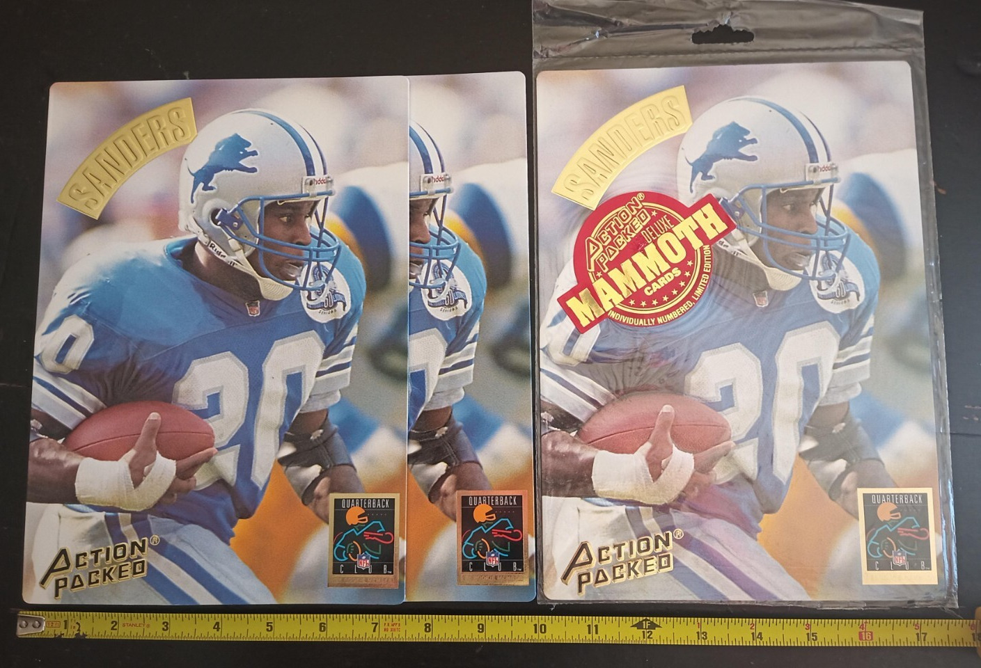 1994 Action Packed Barry Sanders MAMMOTH #13066/25000 with 2 MM3 Jumbo Bonus Cards