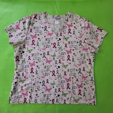 SB Scrub V Neck Top Care Hope Love Hearts Butterflies 3 Pocket Sz XL