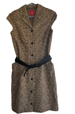 Oscar de La Renta Coffee Latte Brocade Cap Sleeve Belted Full Button Dress 4 EUC