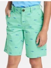 Cat  Jack Boys Flat Front Stretch Shorts Aqua green sharks At Knee Sz 8 NWT
