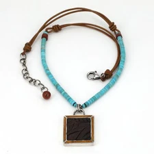 RARE Vintage Silpada Sterling Tooled Leather Jasper & Turquoise Necklace N1135