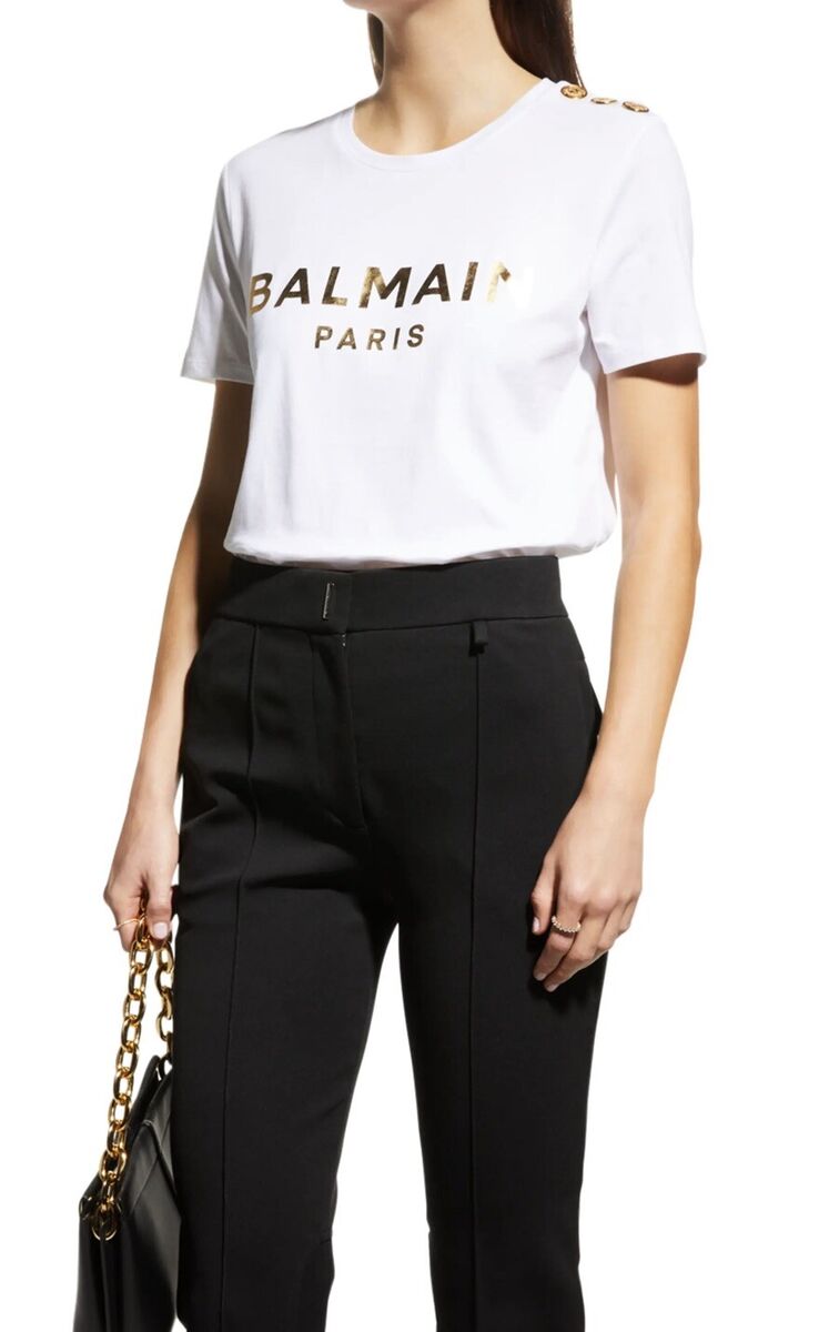 BALMAIN Button-embellished printed cotton-jersey T-shirt BALMAIN Button-embellished printed cotton-jersey T-shirt