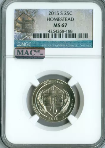 2015 S HOMESTEAD QUARTER NGC MS67 PQ 2ND FINEST GRADE MAC SPOTLESS .