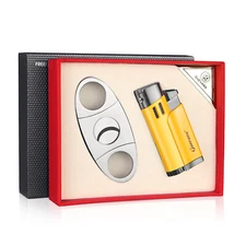Torch Lighter Cigar Cutter and Lighter Set Quadruple Jet Flame Butane Lighter
