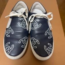 CHANEL COCO MARK CC logo Sneaker Shoes Women Size 36 Navy Genuine