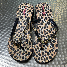 Women  s Black/Beige Synthetic Animal Print Wedge Flip Flops 10 NWD