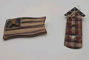 Americana Brooch Pins Hand Painted American Flag Wood Metal Birdhouse Set Of 2