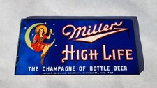 Rare Miller High Life The Champane Of Beer GITM Blue Glass Sign Easel Back