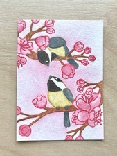 ACEO Original Cherry Blossom Chickadee Mini Flower Bird Art By CozyPerchCo