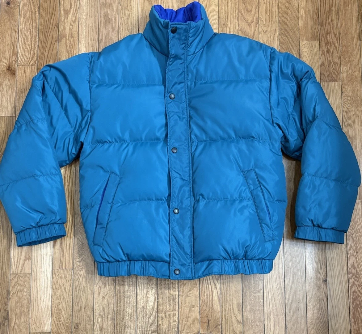 VTG Lands End Down Puffer Quilted Zip Snap Jacket Coat Unisex S Turquoise Purple