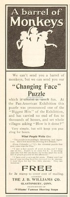 1901 J B Williams Glastonbury CT Soap Changing Face Puzzle Barrel of Monkey Ad