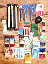 Vintage Sewing Notions 36 pc Lot Thread Snaps Pins Scissors Zippers Binding Tape