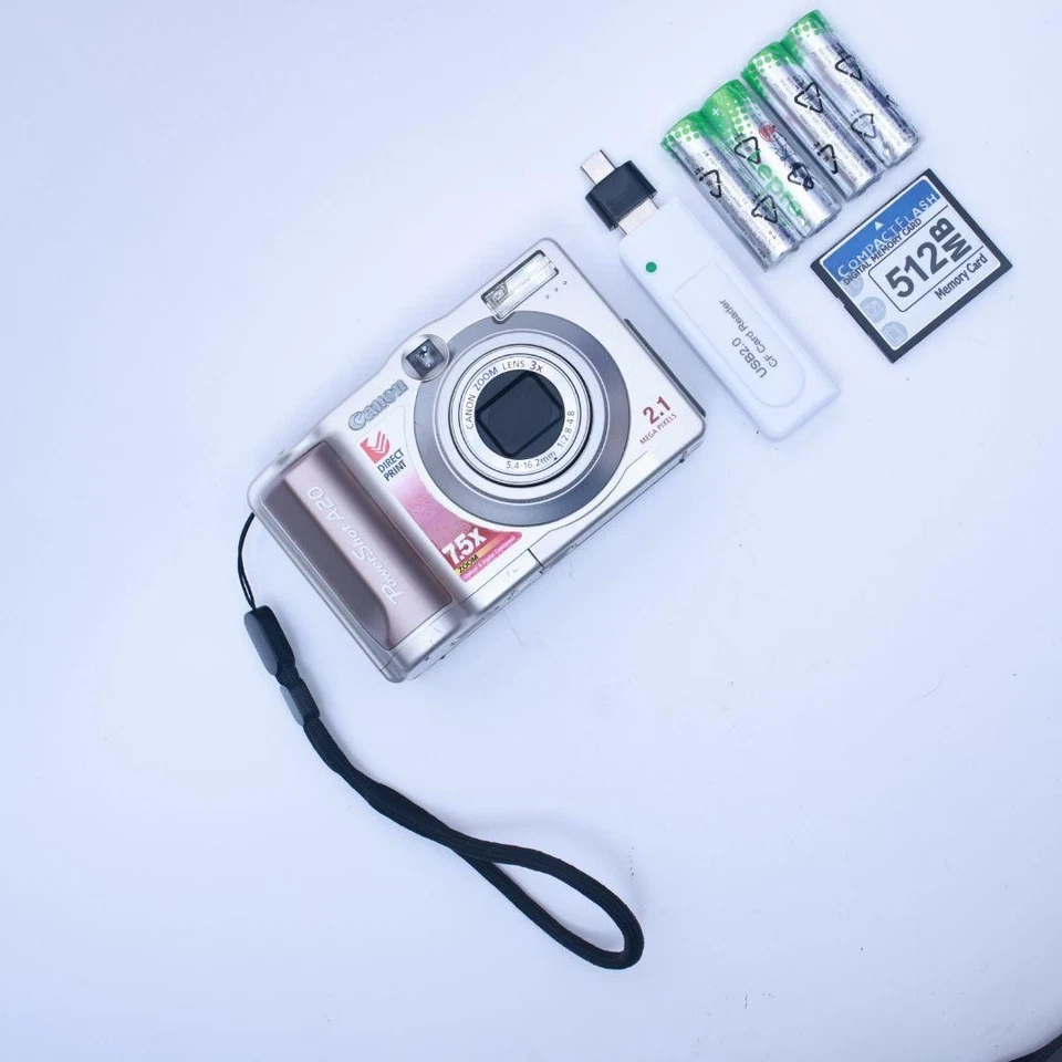 Canon PowerShot A20 Silver Digital Camera w/ CF Card & Reader Tested Works Japan - Image 3 of 4