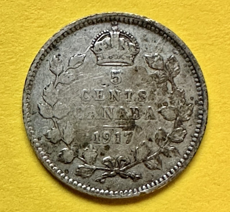 1917 Canada Five Cent King George V. 92.5% Silver. Fine Condition. Charity. ￼