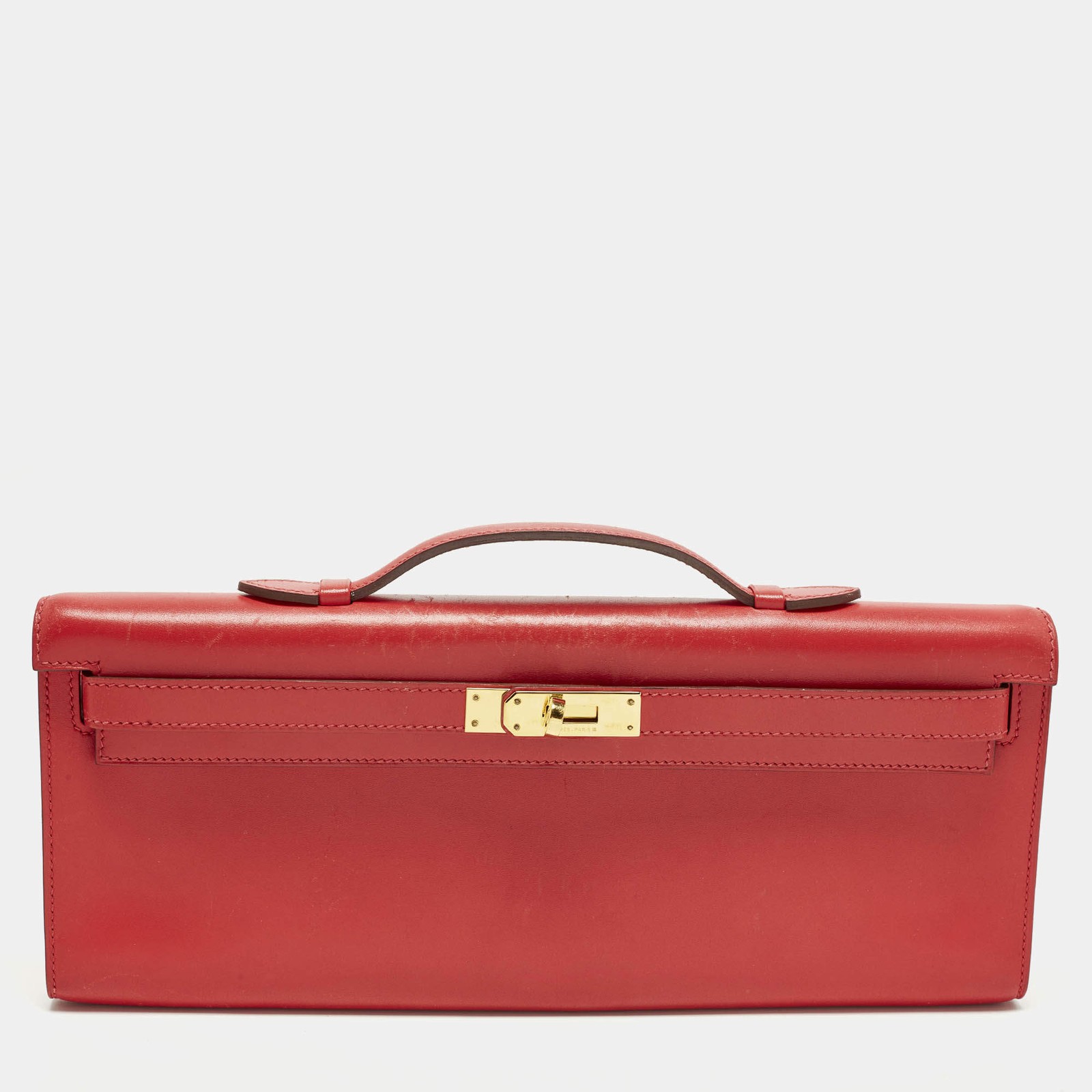 Hermes Kelly Cut Gold Finish Rouge Vif Tadelakt Leather Clutch