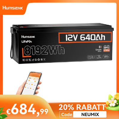 Humsienk 12V 640Ah LiFePO4 Bluetooth Lithium Batterie 250A BMS Wohnmobil Boot