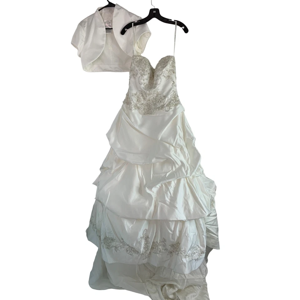 Vestido de novia David WG3239 marfil en capas talla 4 sin tirantes + chaqueta 6299 Foto 4 de 4