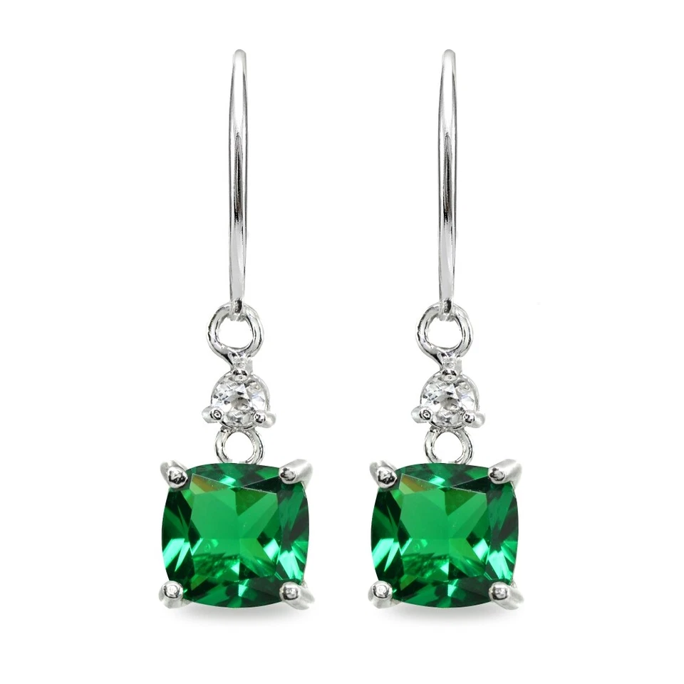Kissen-Schliff Simulierte Smaragd & Weiß Topas 925 Silber Lang Brisuren Ohrringe - Bild 2 von 4