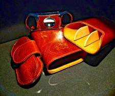 Brizard and Co Brown Antique Saddle Leather cigar case , cutter and  lighter