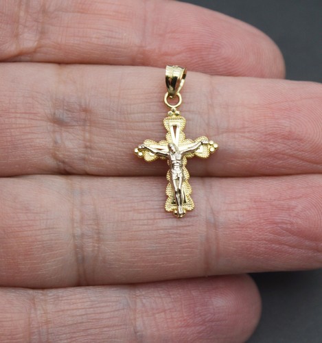 Real 10K Solid Yellow White Gold Two-Tone Charm Jesus Crucifix Pendant - Picture 2 of 5