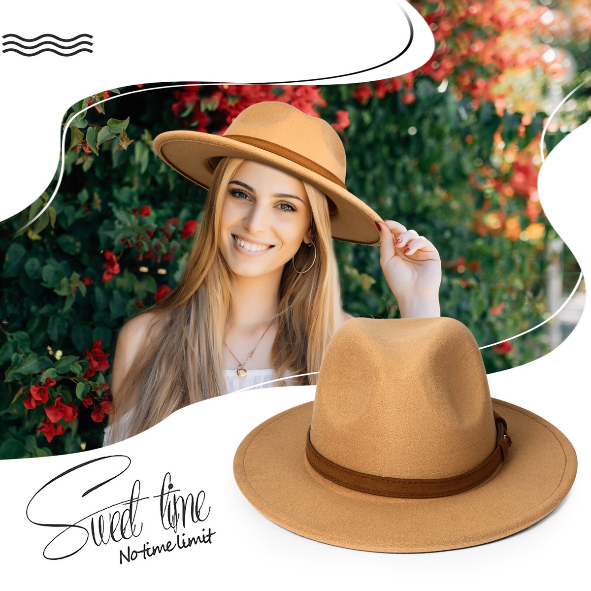 Classic Wide Brim Women Men Fedora Hat with Belt Buckle Wool 