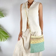 Vintage Y2K Boho Cottagecore Crochet Knit Crossbody Coastal Chic Straw Purse