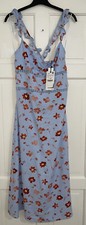 ZARA BLUE FLORAL PRINT RUFFLED STRAPS LINEN BLEND MIDI DRESS WITH TIE SIZE L NEW