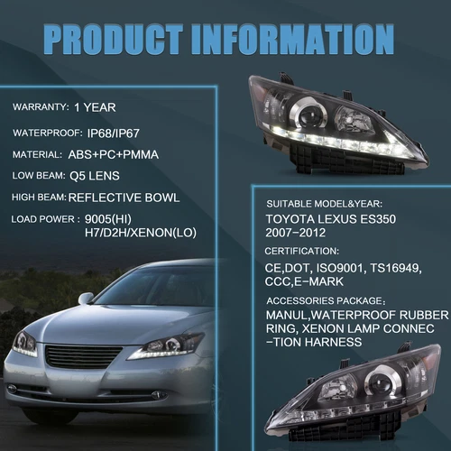 VLAND Headlights For 2010 2011 2012 Lexus ES350 Xenon AFS Front Lamps Left+Right - Picture 3 of 8