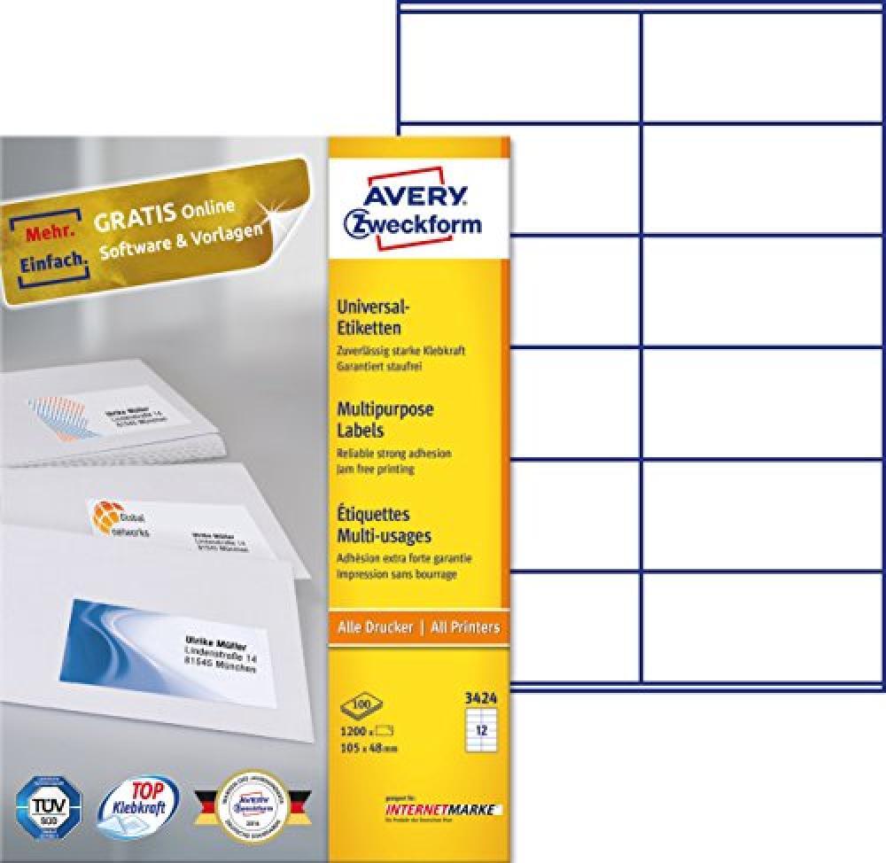 (TG. 1,200 Etiketten, 105 x 48 mm) Avery 3424 Etichetta Multiuso - NUOVO