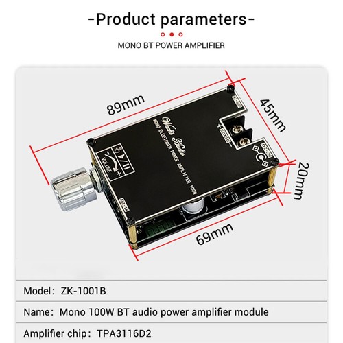 ZK-1001B Mono 100W Bluetooth-Compatible 5.1 Audio Amplifier Board TPA3116D2 TWS - Picture 7 of 12