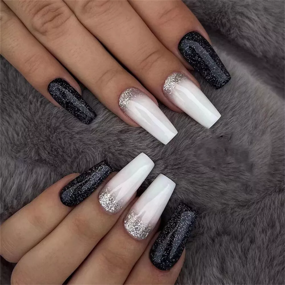 On Retainer Babe Long Coffin White Glitter Press On Nails – RainyRoses