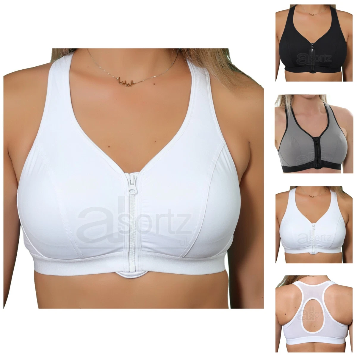 Ladies Sports Bra Zip Front Fastening Non Wired Unpadded Med Hold Uk Plus  Size